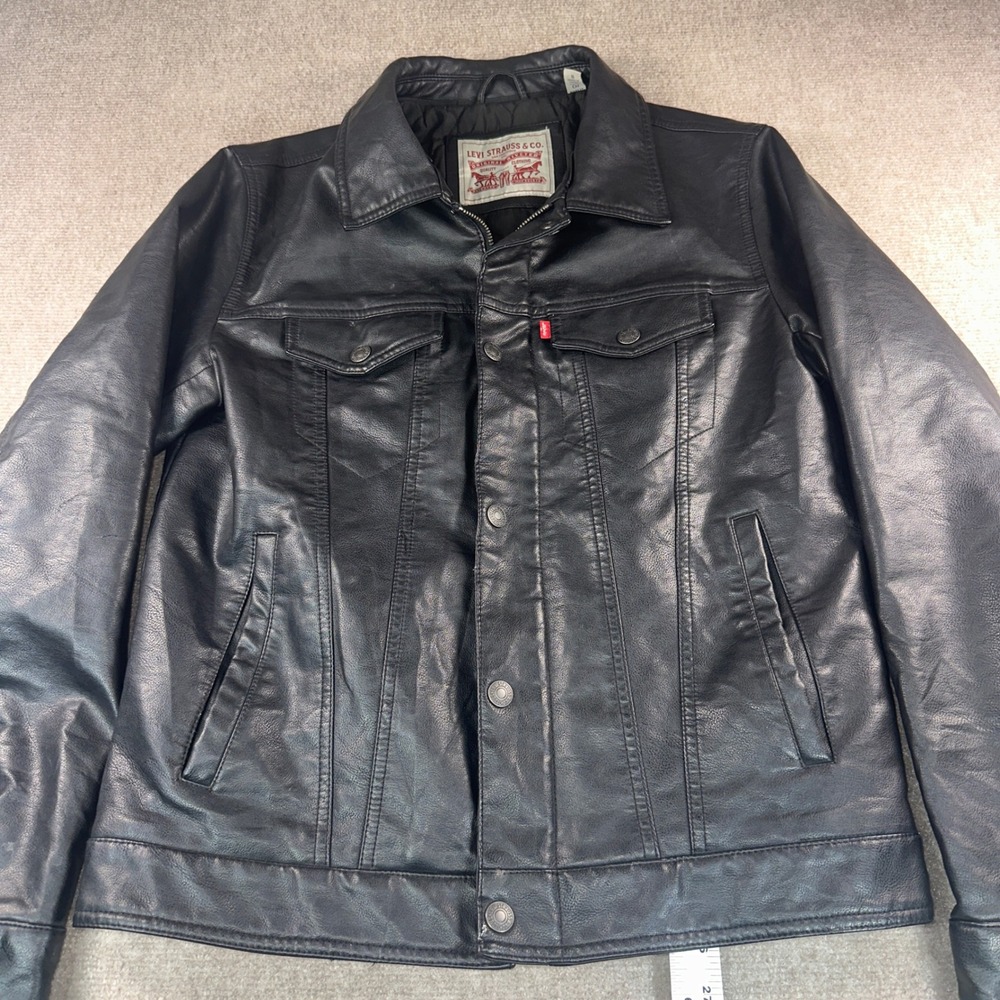 Levis Mens Black Faux Leather Trucker Jacket Quilted Lined Zip Snap Small